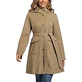 PUREPEAR Womens Trench Coat Waterproof Rain Jacket Rain-blocking Brim Detachable Hood Raincoat with Belt Outdoor Travel
