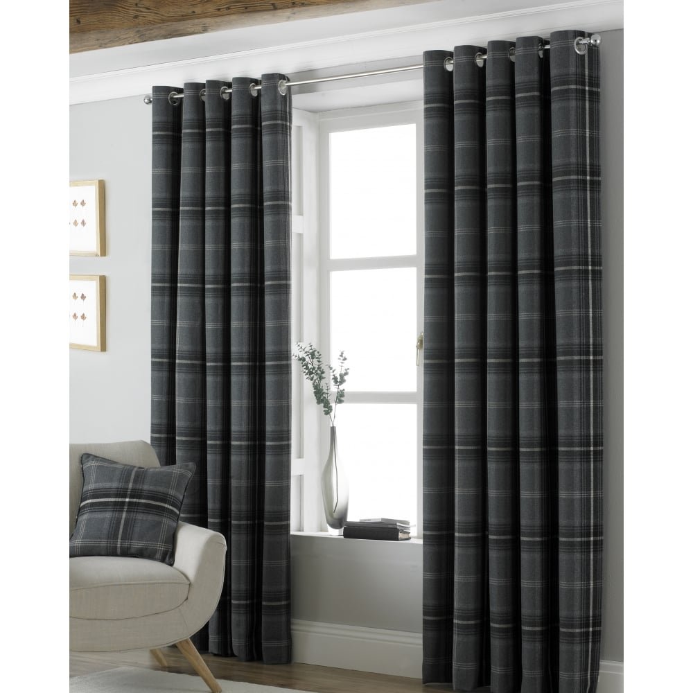 Riva Paoletti Aviemore Grey Tartan Check Readymade Eyelet Curtains