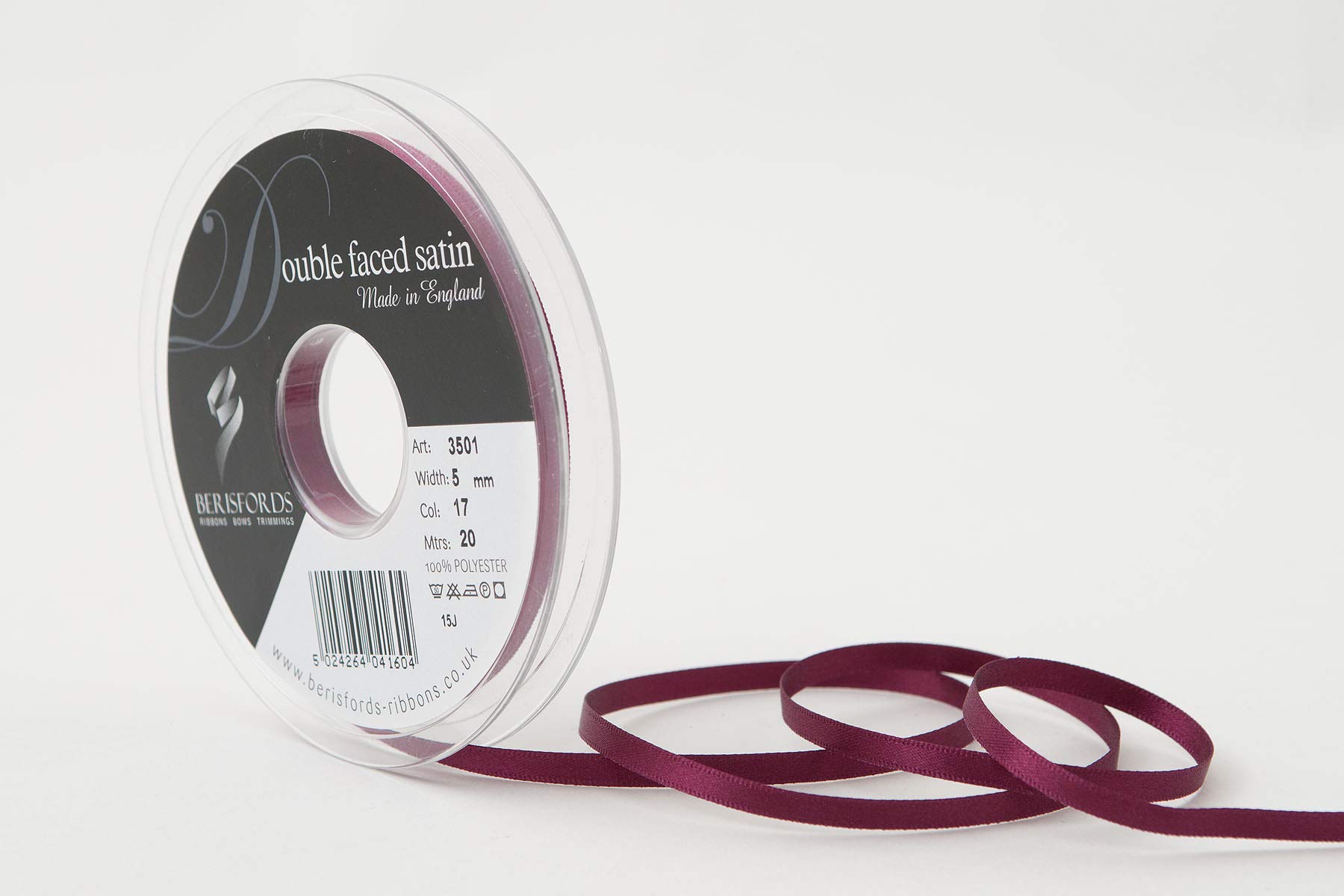 Berisfords Double FACE Poly Satin Ribbon, Wine, 5 mm