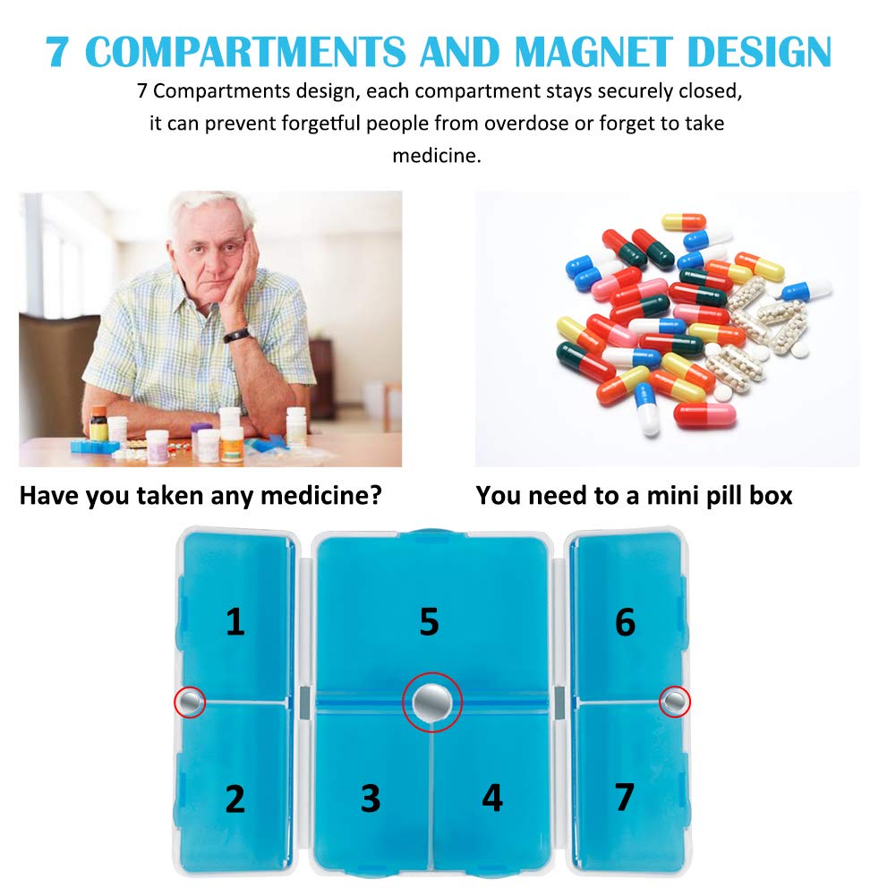 Pill Case,Portable Magnetic Foldable Pill Organizer with 7 Compartments Perfect for Pocket or Purse,Travel Pill Box for Pills/Vitamin/Fish Oil/Supplements (2 Pack) (Blue)
