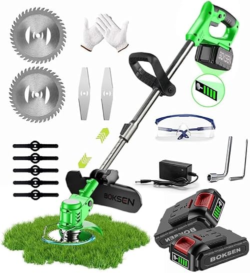 Cordless Strimmer 24V Grass Trimmer Garden Electric 18,000 RPM Heavy Duty Metal Blade lawn Edger Brush Cutter Electric with Battery and Charger Garden Clearing Weeds Flower Trees