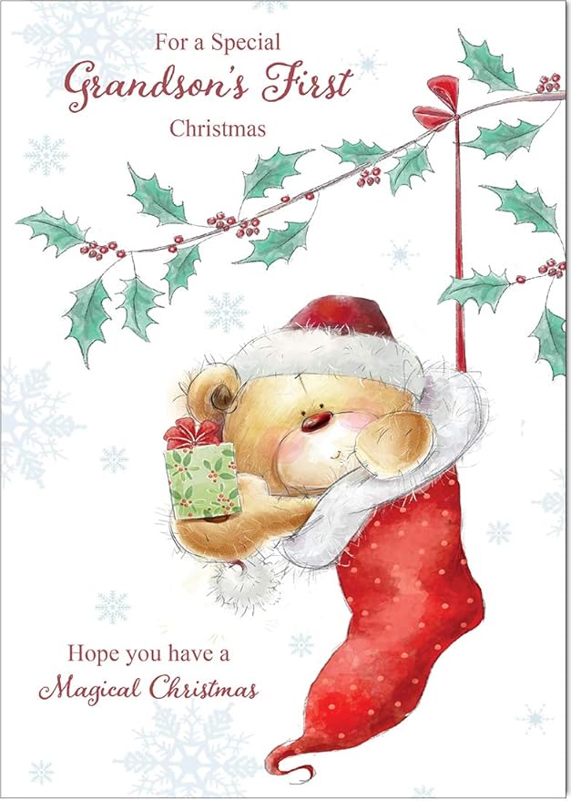 Grandson 1st Christmas Card From Olivia Samuel Teddy Stockings Grandson 1st Christmas Card From Olivia Samuel Teddy Stockings