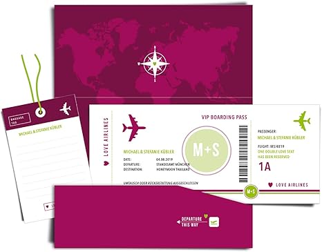 Geld Verpackung Boarding Pass Flugticket Als Geldgeschenk Personalisierte Hochzeitskarte Gluckwunschkarte Mit Namen Und Datum Fur Flitterwochen Hochzeitsreise Purpur Amazon De Burobedarf Schreibwaren