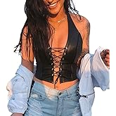 Women Sexy Corset Tops, Adjustable Spaghetti Straps PU Leather Bustier Crop Top Rave Outfit Party Club Night Black