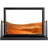 BOLGRLONG Moving Sand Art Liquid Motion 3D Dynamic Mountains Sandscape Painting, Square Glass Sands Painting with Easy-Flip Stand, Sensory Relaxing Decor for Home and Office (9") (Orange)