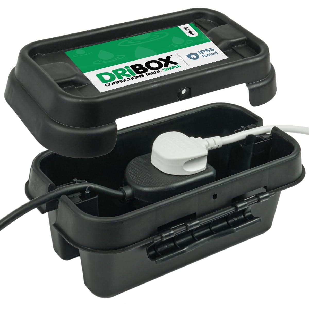 DRiBOX Small IP55 Weatherproof Outdoor Electrical Connection Box 25.5 x 14.1 x 10.2cm – Power Cord Enclosure for Christmas Lights, Timers, Extension Cables, Leads, Reels, Transformers (Small, Black)