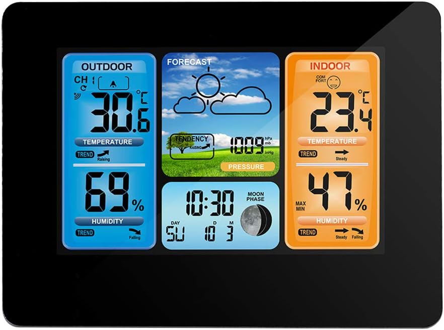 Shentesel Alarm Clock Digital Weather Station Temperature Humidity Backlight Snooze Wall - Black