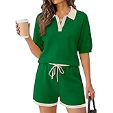 Tankaneo Womens 2 Piece Sweater Short Sets 2026 Summer Vacation Outfits Short Sleeve Knit Collared Tops Matching Lounge Set