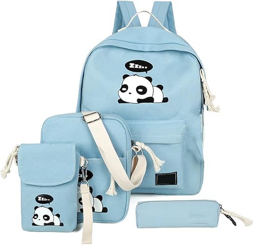 4Pcs Cute Panda Backpack Lightweight Casual Canvas School Backpacks for