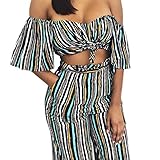 Lanzom Women's Sexy Striped Off Shoulder 2 Pieces Jumpsuit Tops and Pants Set (Medium, Striped)