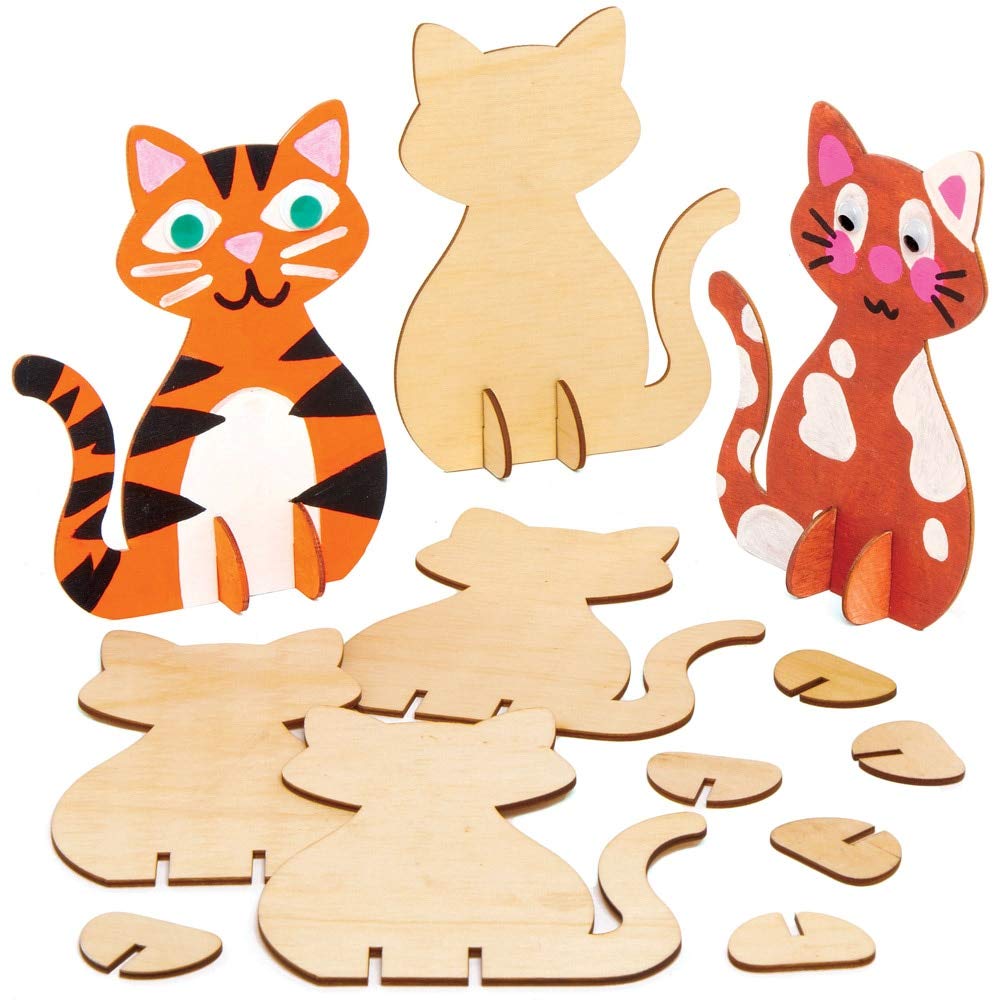 Baker Ross AT799 Wooden Stand up Cats - Pack of 6, Woodcrafts for Kids to Design Paint, Decorate and Then Use