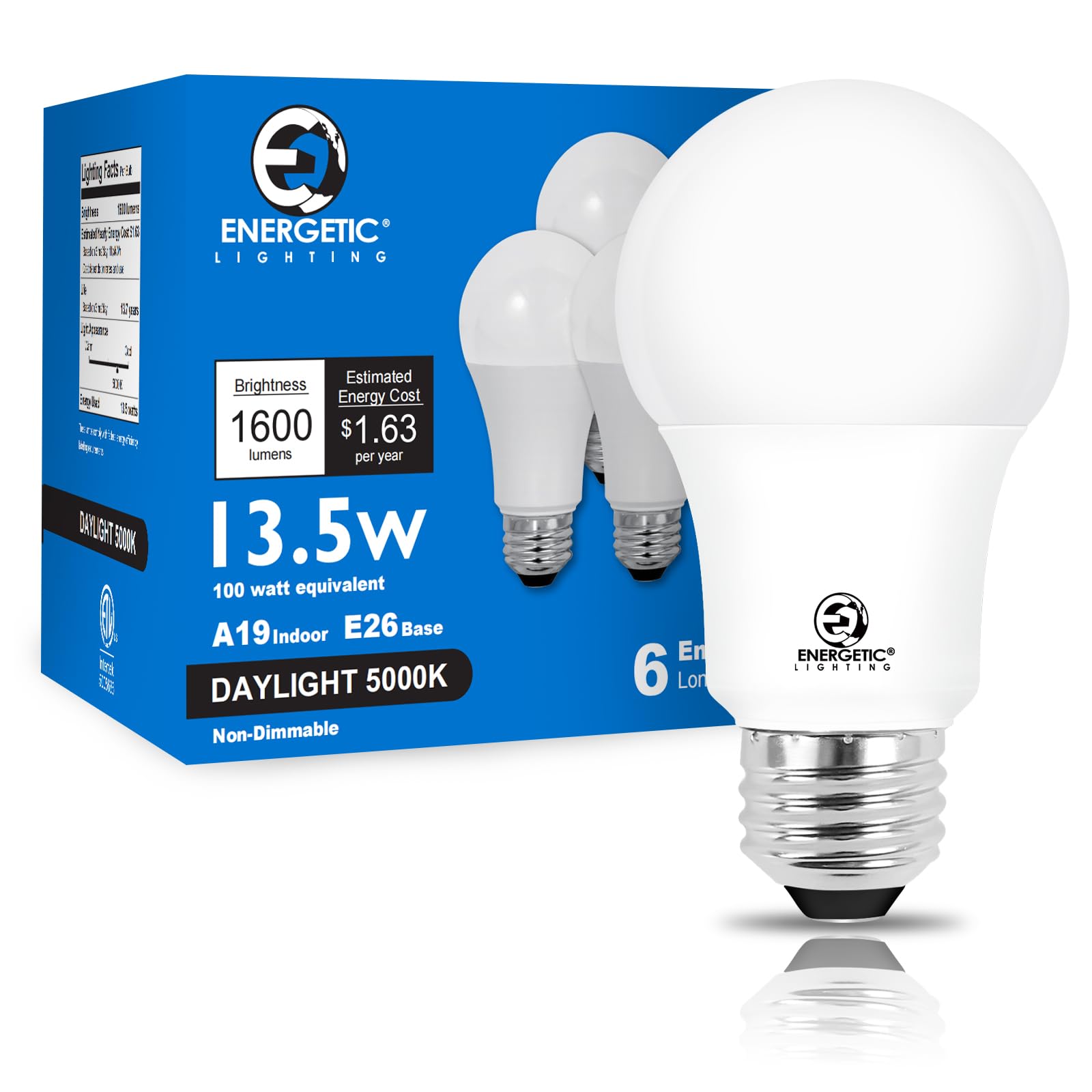 Photo 1 of E ENERGETIC LIGHTING LED Bulbs 100 Watt Equivalent, Super Brightness 1600LM, Daylight 5000K, Non-Dimmable A19 LED Bulb, E26 Standard Base, ETL Listed, 6 Packs