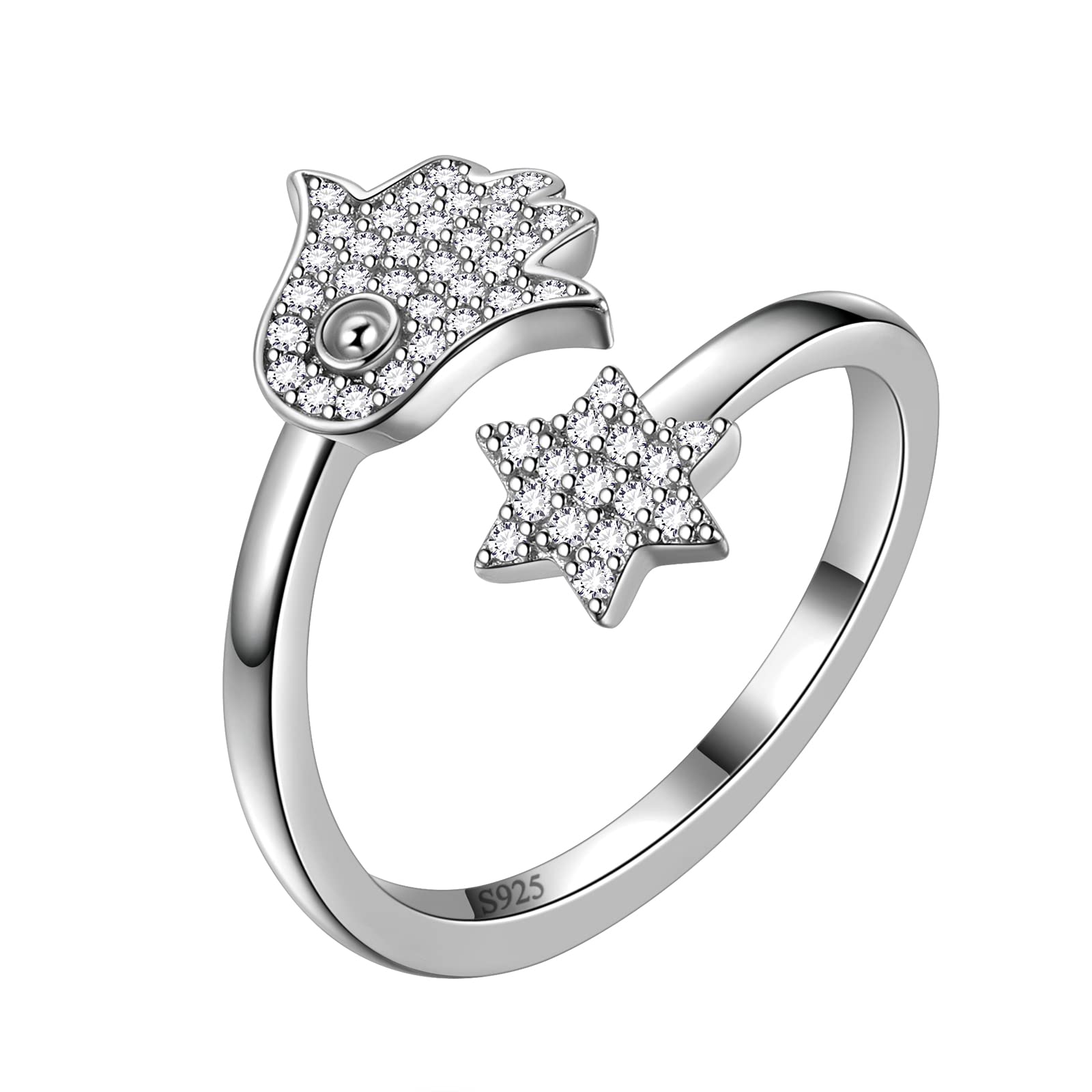 Aurora Tears Hamsa Fatima Hand and Star of David Adjustable Rings 925 Sterling Silver Stars and Hand Open Ring Jewelry Gifts for Men and Women DR0126W