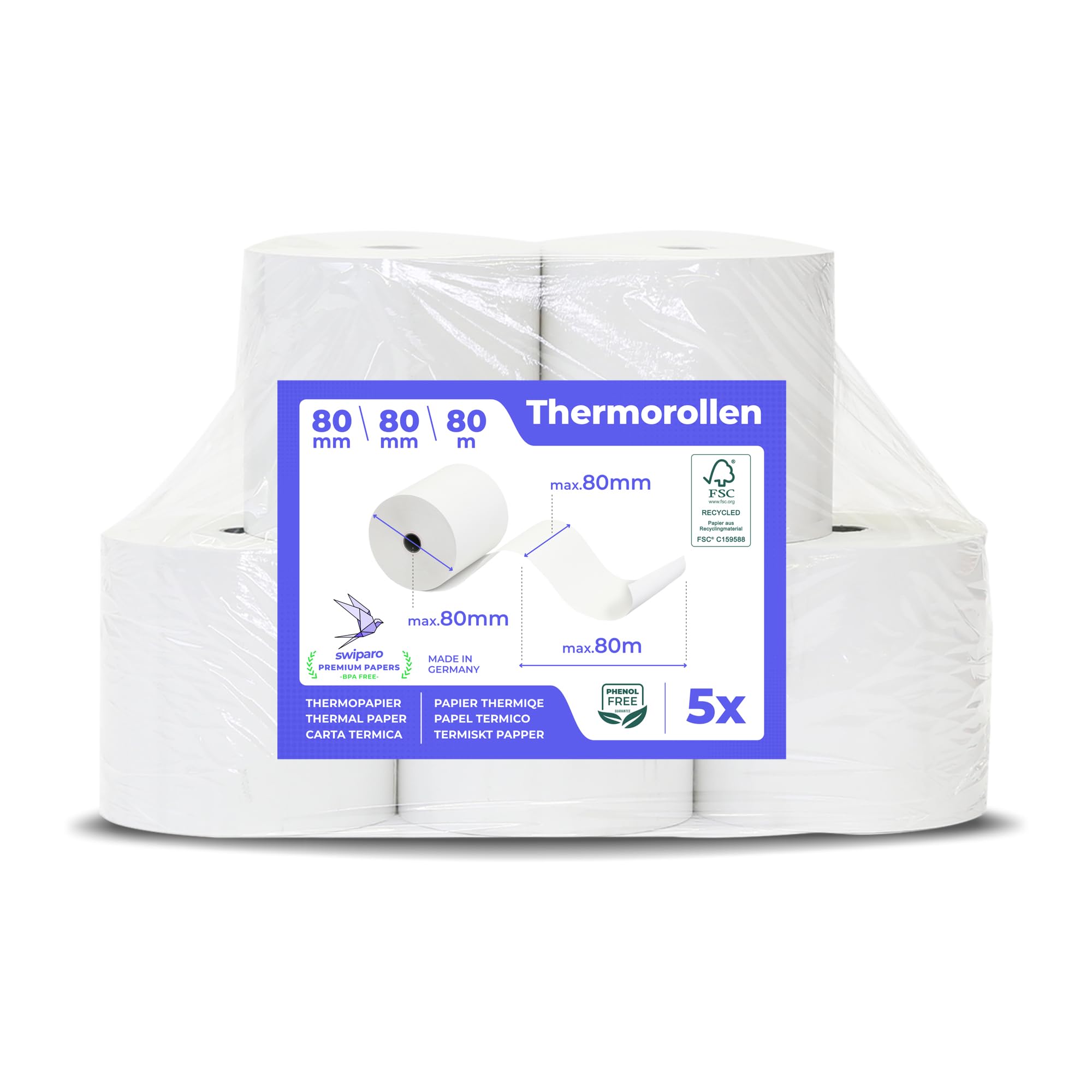 SWIPARO - Thermal rolls 80 mm x 80 m x 12 mm - till rolls - certified for cash register with receipt printer - thermal paper 80 x 80 x 12 (5 rolls)
