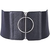 Vctitil Women Zipper Elastic Belt Waist Tightening Elastic Fashion Wide Waistband Tight Fitting Corset Dress Metal Circular PU Leather Belt
