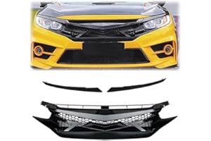 PIT66 Front Bumper Hood Grill Mesh Grille + Hood Bumper Nose Trim Cover, Compatible with Honda Civic Sedan 10th Gen 2016-2018 Glossy Black JDM Battle Style 68431JA00A