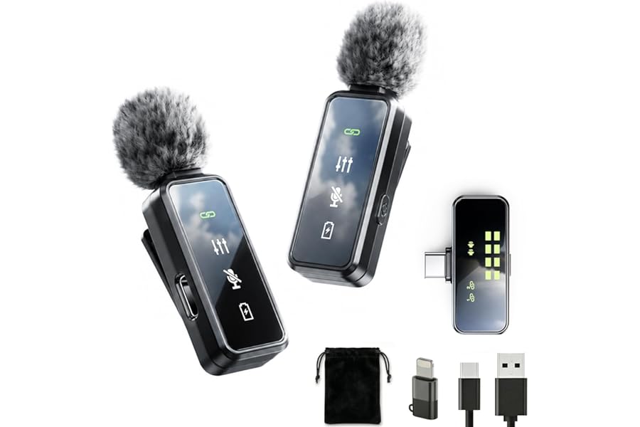 Wireless Lavalier Microphone, 12H Lapel Microphone with Digital Display & Smart Noise Cancellation, Mini Clip On Mic for iPho