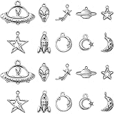 KitBeads 100pcs Antique Silver Space Charms Mixed Styles Moon Star Spaceship Alien Tibetan Universe Charms for Jewelry Making Bracelets