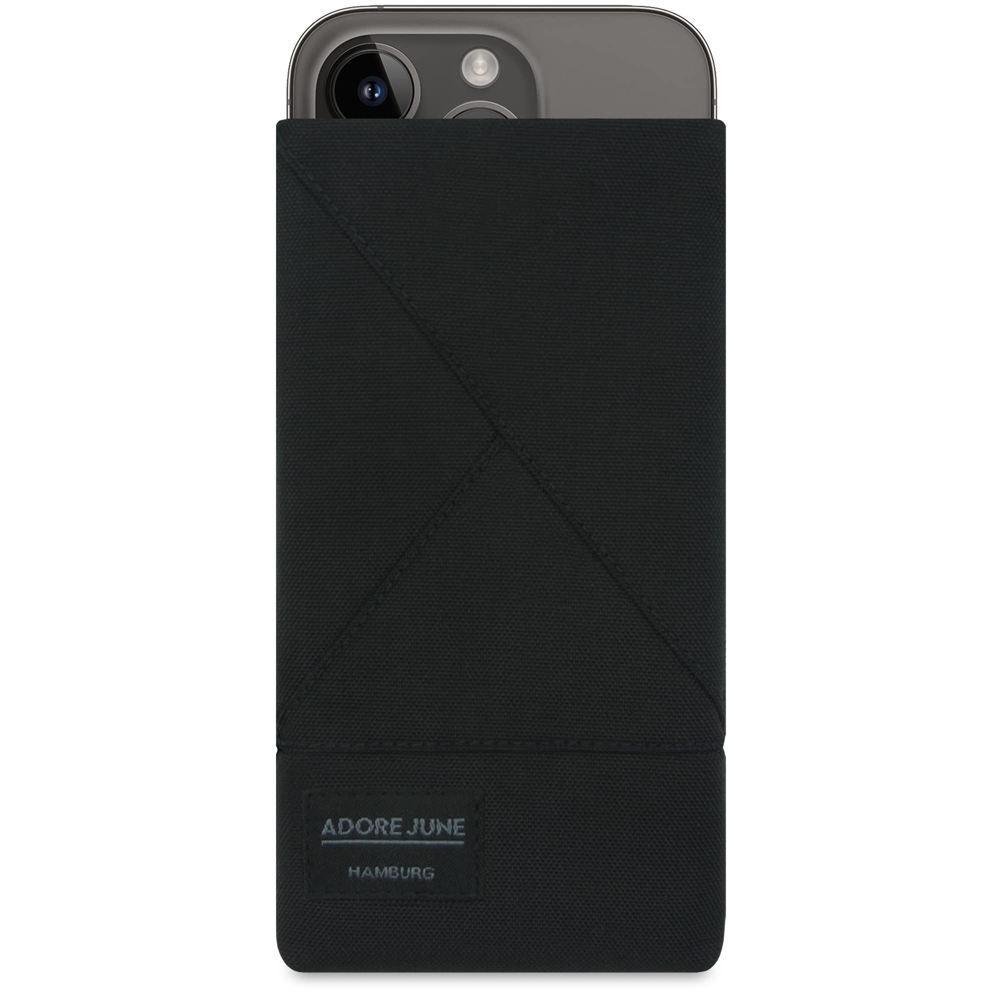 Adore June Triangle Case Compatible with iPhone 15 14 / iPhone 15 14 Pro, Elegant Mobile Phone Case Made of Durable Textile Fabric with Screen Cleaning Effect, Black