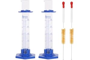 KIGITIK 2Pcs 25ml Graduated Cylinder, Thick Glass Measuring Cylinder, with Anti-Falling Plastic Base and Bumper Guards, for Science Laboratory Measuring Liquid, Bring 2 Brushes and 2 droppers