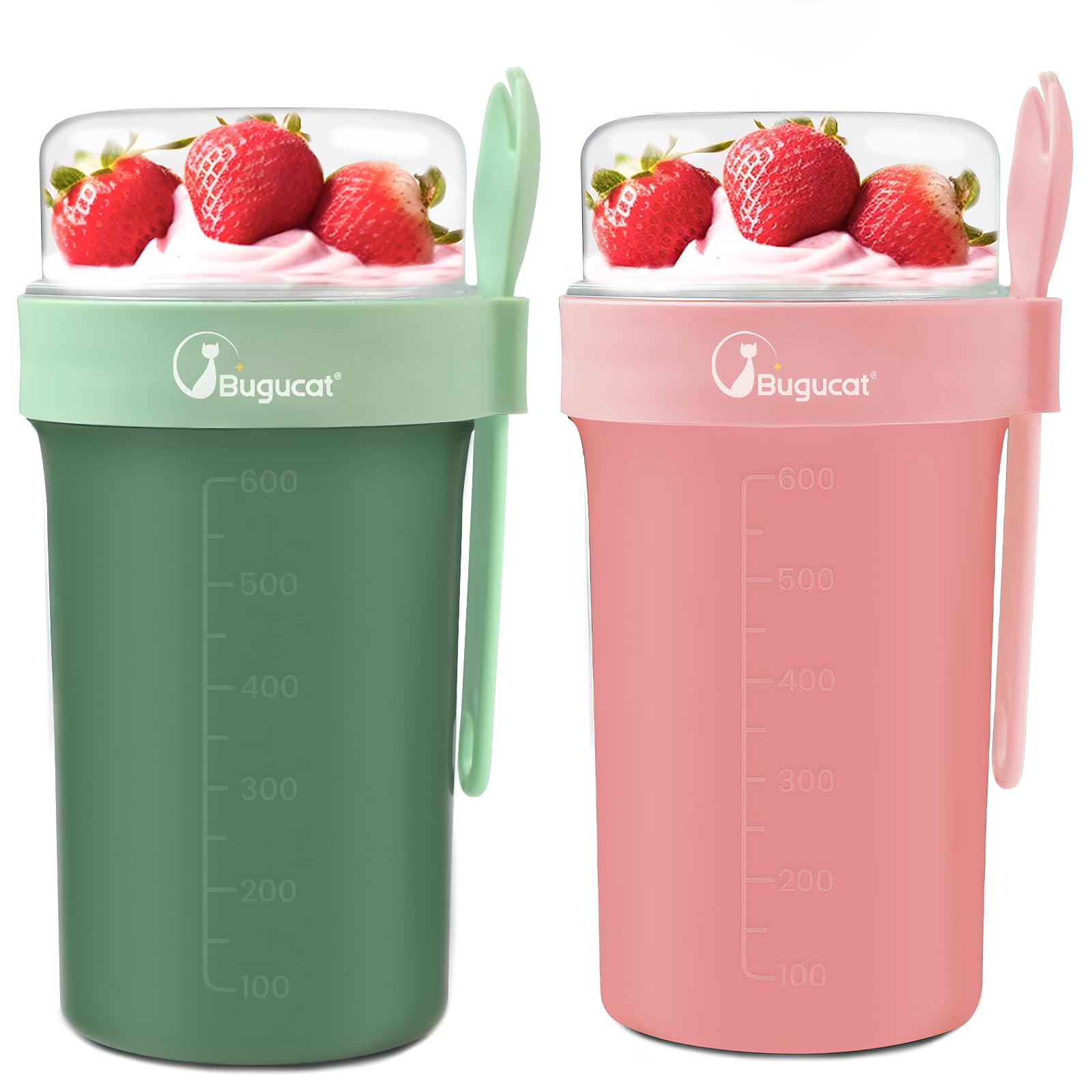 Bugucat Overnight Oats Jars 2 Set, Overnight Oats Container with Lid and Spoon, Leak-Proof yoghurt Cup＆Cereal Cup with Measurement Marks, Salad Storage Container for Milk Cereal Fruit, Green ＆ Pink