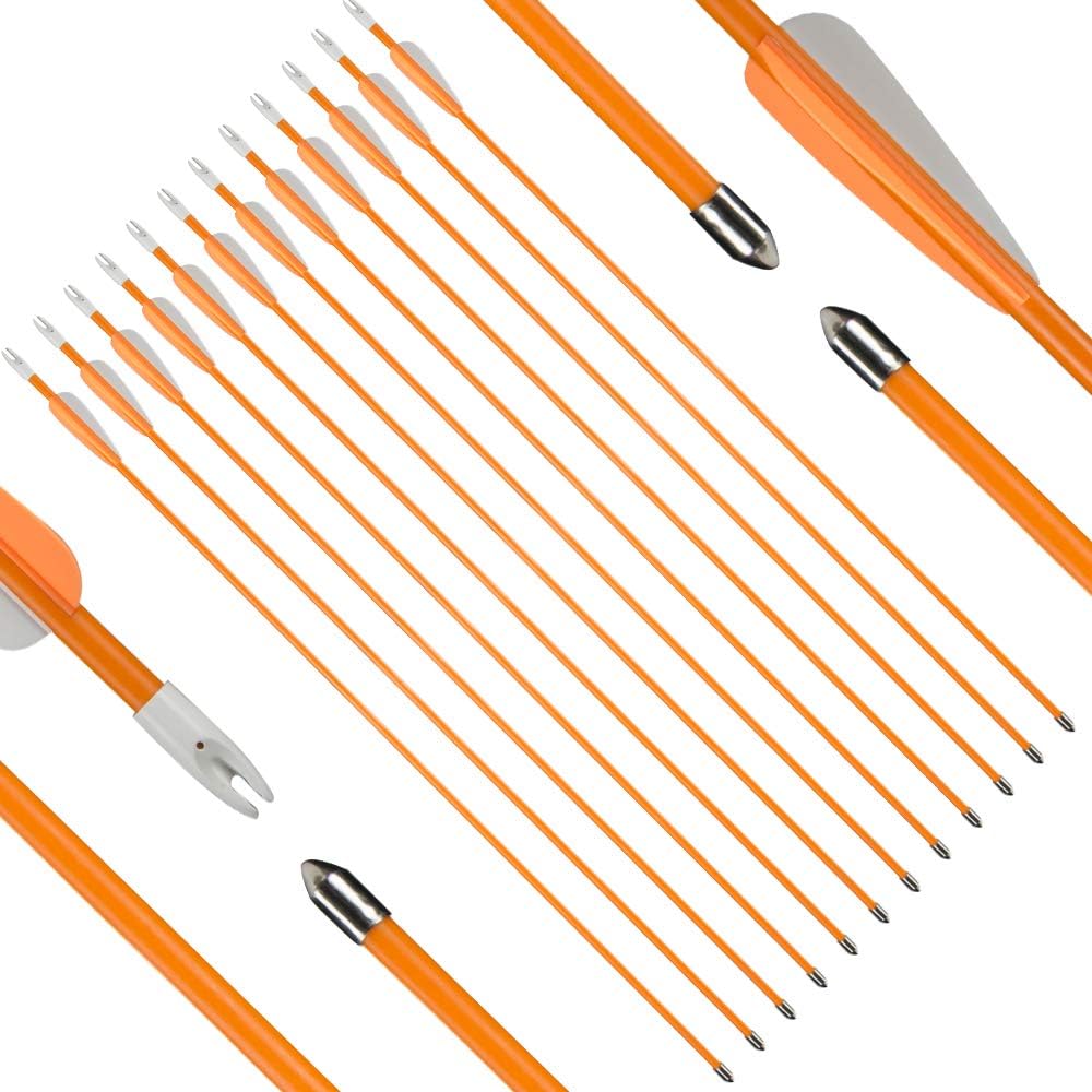 TOPARCHERY Fiberglass Youth Arrows, Archery 28/26 Inch Target Shooting Practice Safetyglass, Suitable for Youth Children Woman Beginner, for Recuve Bow(Pack of 12) (26inch 2 Orange 1 White) : Sports & Outdoors