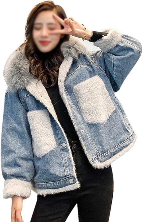 Amazon Co Jp Youqiu フェイクファーの冬のコートで増粘ベルベットのジャケットのコートをステッチレディースショート冬の毛皮の襟のデニム 色 青 サイズ M ホーム キッチン