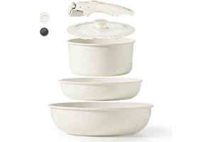 CAROTE Nonstick Cookware Sets, Non Stick Pots and Pans Set Detachable Handle, Kitchen Cookware Sets with Removable Handle, Stackable RV Cookware for Campers, Oven Safe (White 5 PCS)