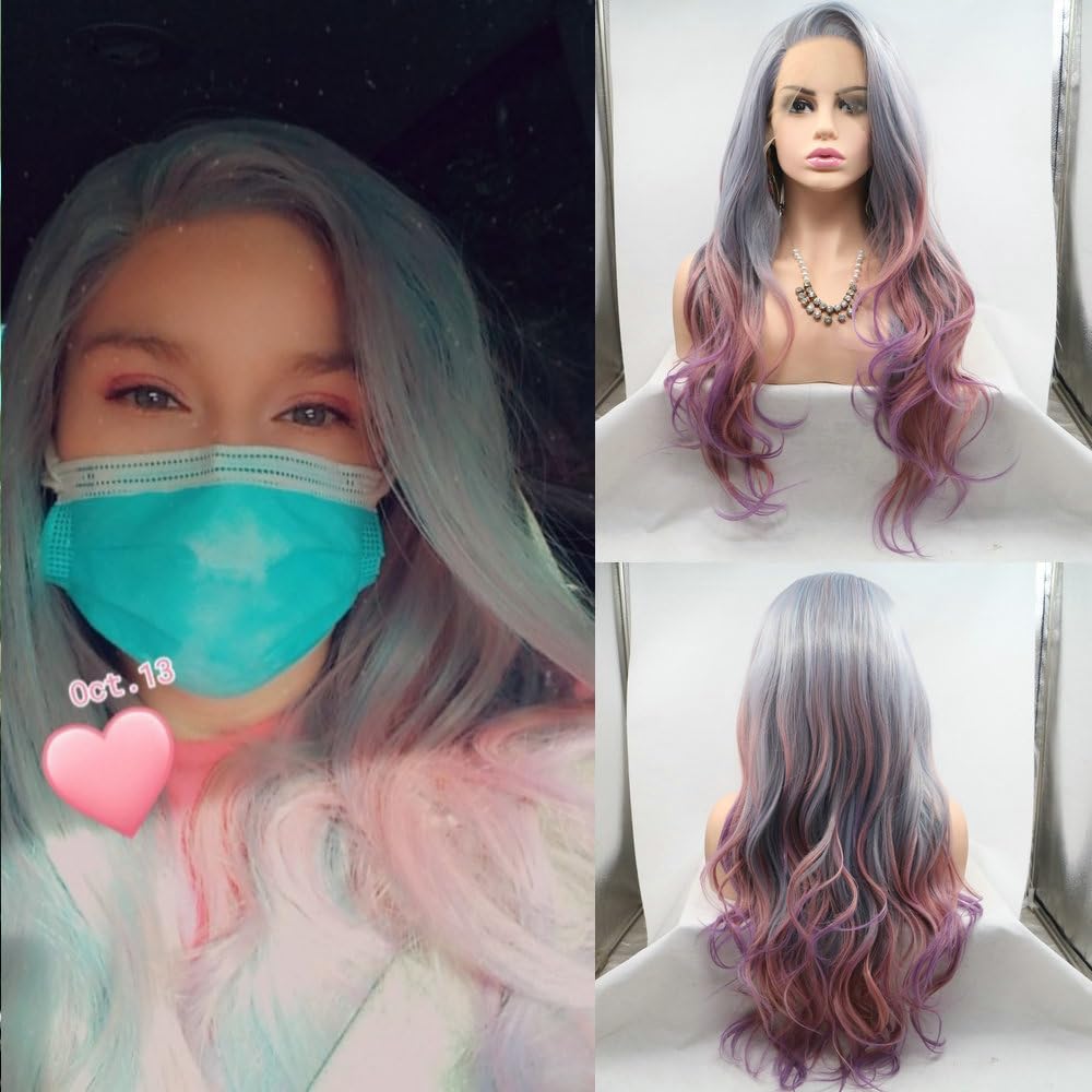 Side Part Colorful Mermaid Gray Ombre Purple Pink Synthetic Lace Front Wigs for Women Girls Party Cosplay Wedding Wigs Purple Pink Gray Mixed Color Long Body Wave Natural Hairline Heat Resistant 24"