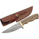 SANZ Damascus Hunting Knife 8.25 Inch - Fixed Blade Outdoor Knife with Wood Handle, Celtic Full Tang Blade & Sheath for Camping, Hunting & Outdoor uses for Men