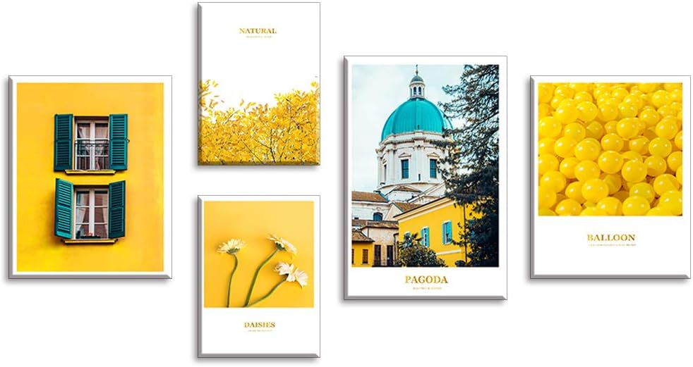 5 Pieces Set Photo Wall for Living Room, Natural Canvas Wall Art of European Building Pagoda Windows Daisies Balloon Picture, Lovely Paintings for Home Decor (Waterproof, Ready to Hang)