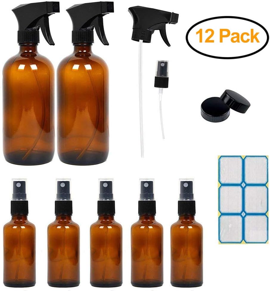 Amber Glass Spray Bottles for Essential Oils, Empty Mist Spray Bottle Set for Cleaning Products, or Aromatherapy (16OZ x 2, 2OZ x 5)