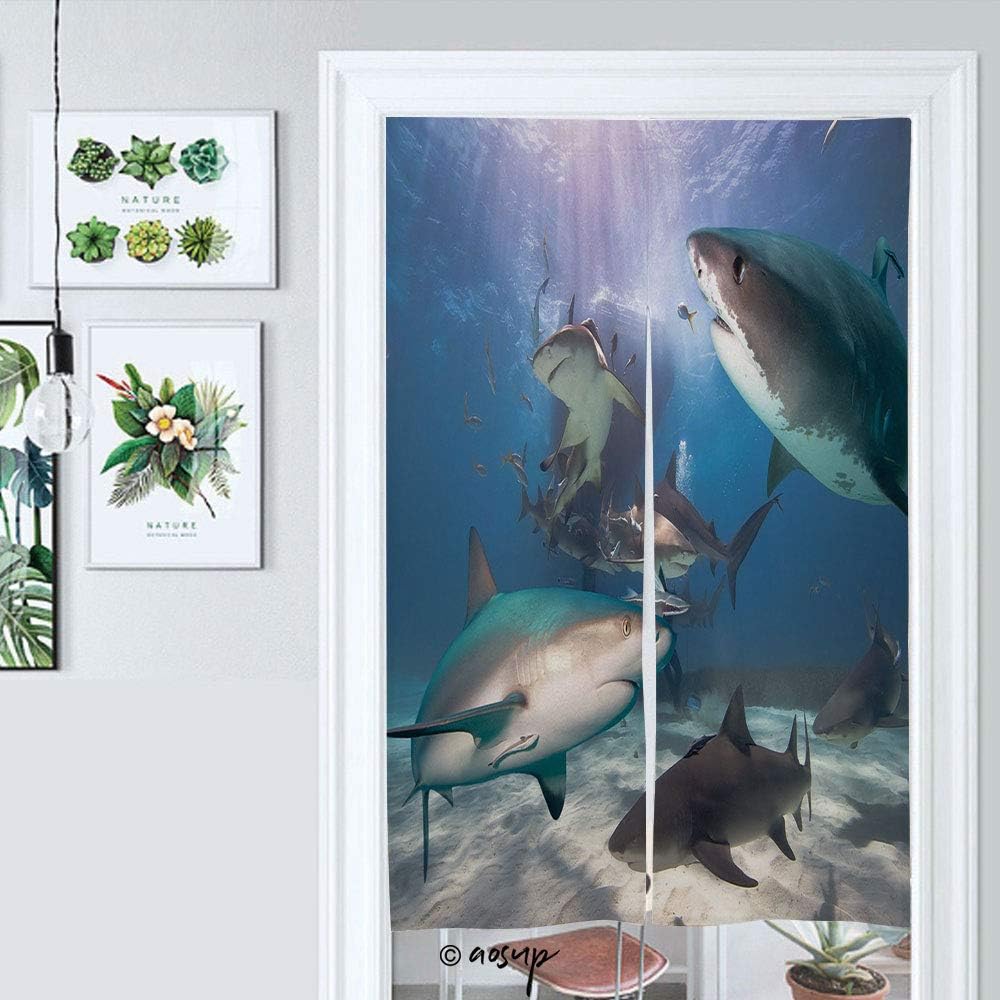 Homenon Japanese Noren Hanging Doorway Curtain Tiger and Lemon Sharks Circling Around A Diver Under Boat for Living Room Kitchen Party 33.5x59 inches №110430