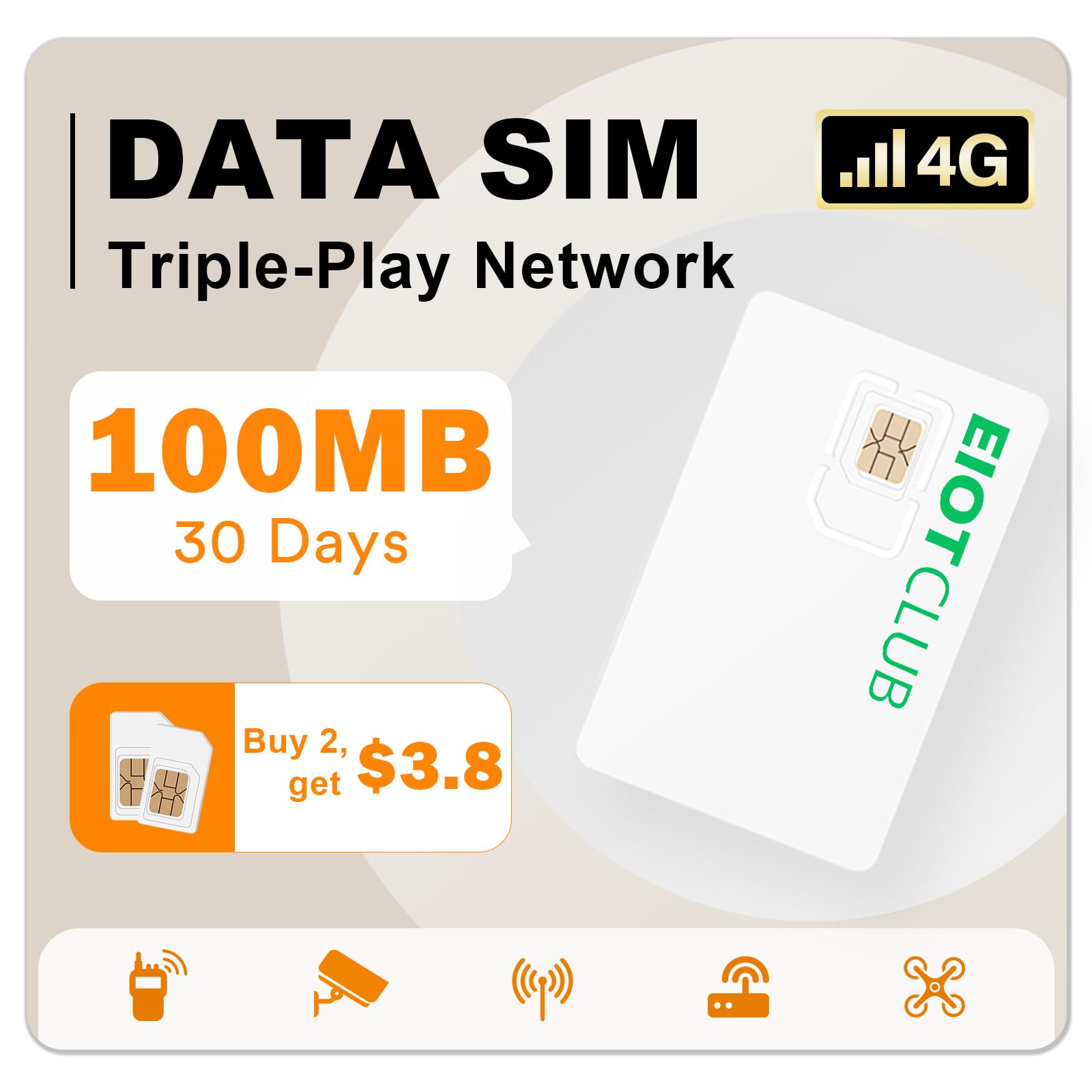EIOTCLUB Prepaid SIM Card, 4G LTE SIM Card, Support for Verizon, AT&T and T-Mobile in The USA, Data Only SIM Card for Security Camera Trail Camera Router WiFi Hotspot Unlocked Devices, No Contract