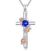 Zorlioy Diamond Cross Necklace with Sapphire 925 Sterling Silver Lab Grown Diamond Flower Cross Pendant Necklaces Christian Jewelry for Women