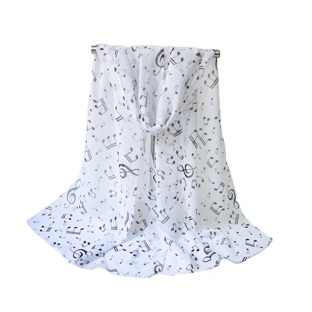 Qenci Chiffon Scarf Musical Note Printed Neck Lightweight Scarf Shawl Wrap White