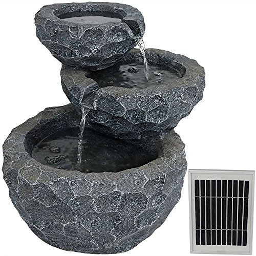 Sunnydaze 3-Tier Chiseled Basin Solar on Demand Garden Fountain, 17 Inches, Includes Battery Pack