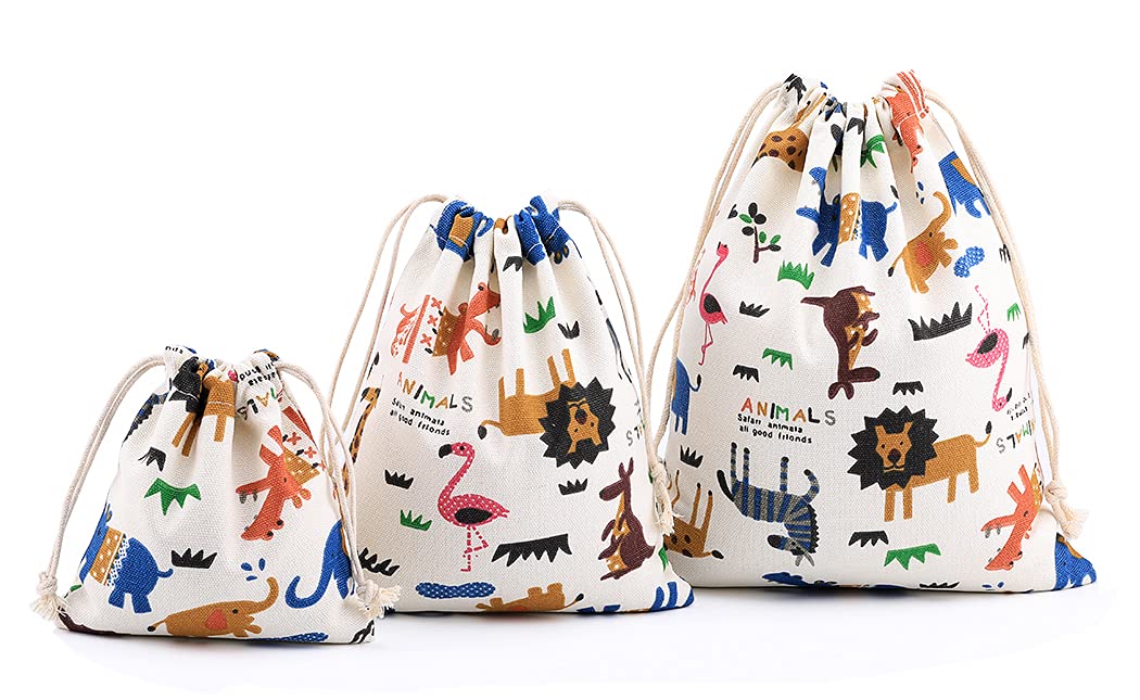 Amoyie 3 pcs Drawstring Storage Bag Set for Kid Stuff Travel Home Accessories Beige Animal