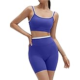 SUUKSESS Women 2 Pieces Workout Sets Padded Spaghetti Straps Camis High Waist Biker Shorts