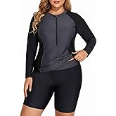 Daci Women Plus Size Long Sleeve Rash Guard UPF50+ Swimsuit with Long Short | Two piece,Tummy Control,High Waist,UPF 50+,Half Zipper Swim Shirt,Athletic,Sporty,Built-in Bra,Built-in Briefs