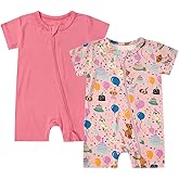 Teach Leanbh Unisex 2 Pack Bamboo Viscose Pajamas 2 Way Zipper Short Sleeve Printed Romper Jumpsuit Sleep and Play