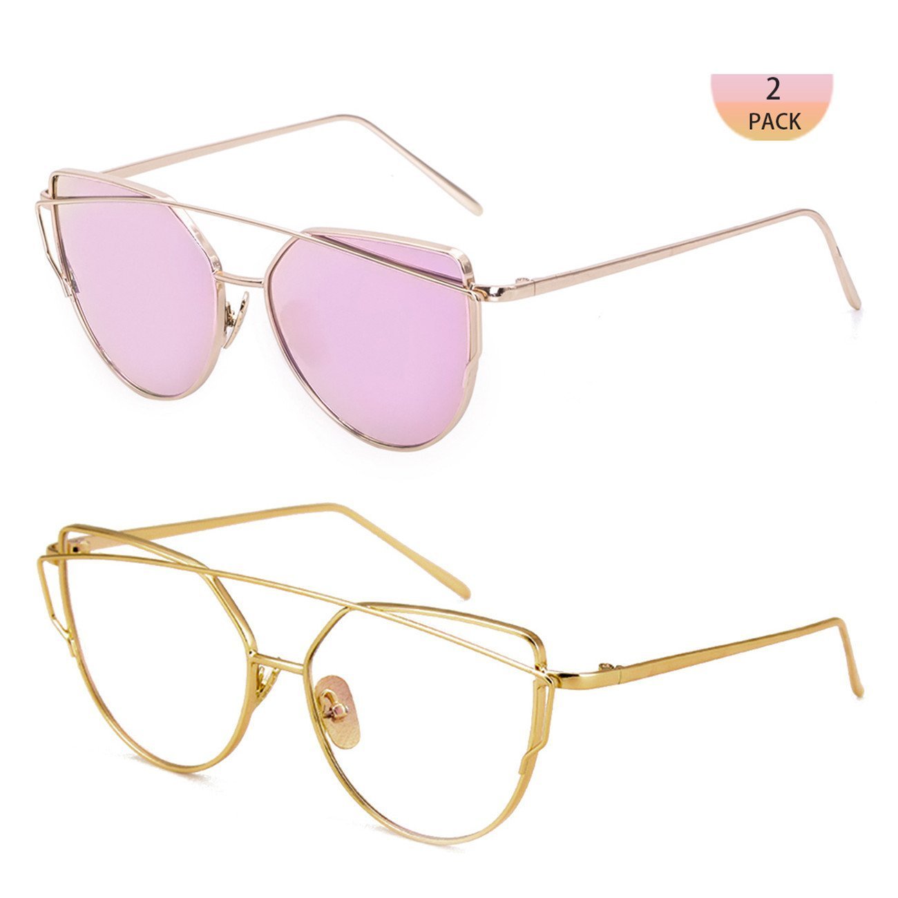 WISH CLUB Women Cat Eye Polarized Sunglasses Mirrored Reflective Flat Wide Lenses Metal Frame UV 400 Glasses (pink2)