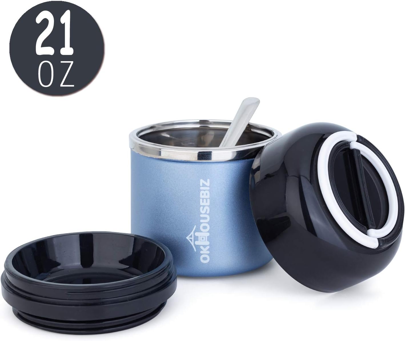 Vacuum Insulated Lunch Box For Kids And Adults With Spoon, Thermal Food Jar 21oz Keep Hot Cold Food For School Office Picnic Travel Outdoors, Stainless Steel Lunch Box With Food Grade Material - Blue