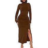 HOCILLE Women's Sexy Long Sleeve Bodycon Casual Turtleneck Party Ruched Slit Maxi Dress