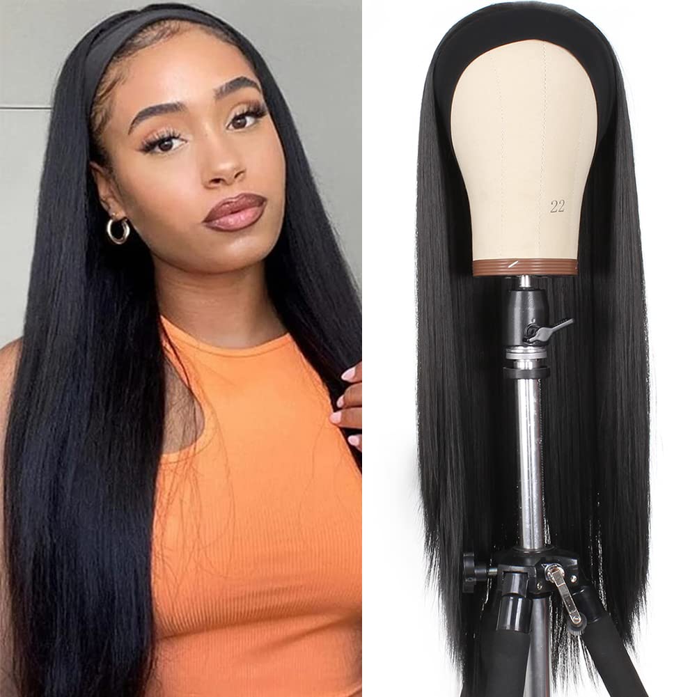 Xtrend 24Inch Headband Wig Long Straight Black None Lace Front Wig Glueless Headband Wigs Natural Looking Wig for Women Daily Use 1B#
