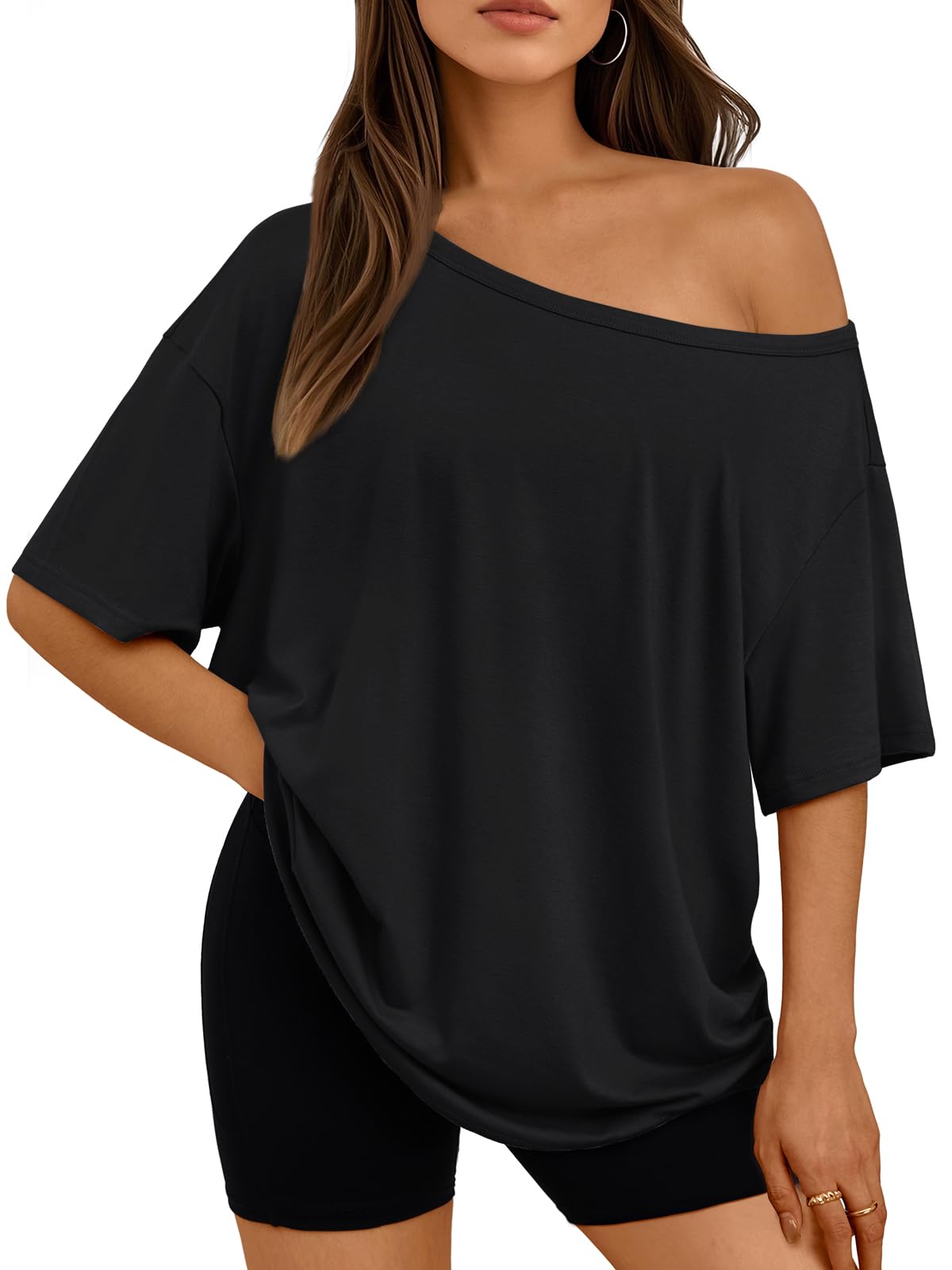 Photo 1 of **MISSING BOTTOMS**
LILLUSORY Off The Shoulder Tops Oversized Tshirts Short Sleeve Basic Tee 2025 Casual Trendy Cute Asymmetrical Summer Fashion Clothes Black MEDIUM