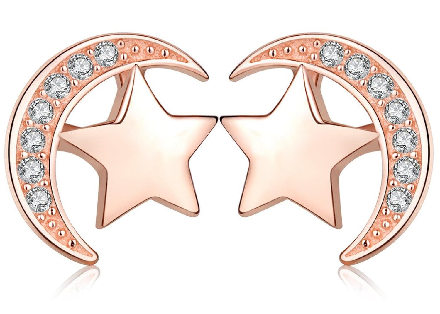 Elegantes pendientes color oro rosa con diseño de luna y estrella marca