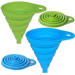 AxeSickle Silicone Collapsible Funnel 2pcs Folding Funnel for Liquid Transfer As Oil, Water, Shampoo, Sanitizer, Kitchen Tool Gadget 100% Food Grade Silicone FDA Approved.(green,Blue)