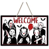 YMCAFZ Welcome Halloween Horror Movie Characters Front Door Sign | Scary Wooden Hanger Outdoor Outside Porch Decor, Creepy Bats Balloon Wood Wreath Indoor Wall Hanging Decoration