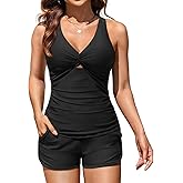 Women Tankini Swimsuit with Shorts - Two Piece Tummy Control Bathing Suit Twist Knot Swimwear 2025 with Pockets